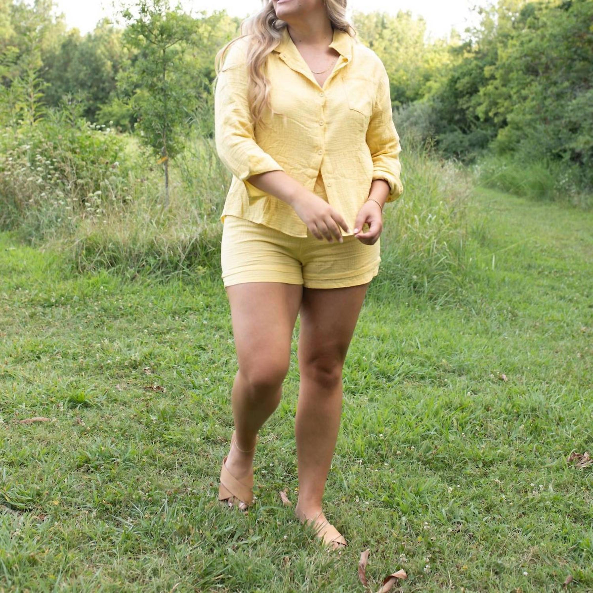 Miss Sparkling Coastal Breeze Gauze Blouse And Shorts Set in yellow - women's sleepwear - detail view