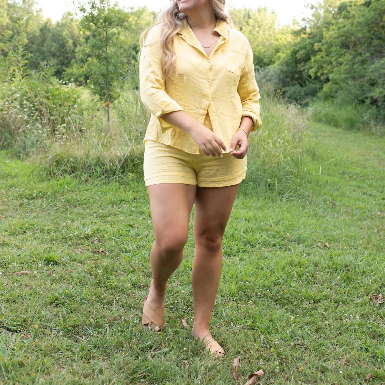 Miss Sparkling Coastal Breeze Gauze Blouse And Shorts Set in yellow - women's sleepwear - detail view