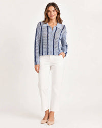 Elan - Striped Light Blue Button-down Knit Sweater