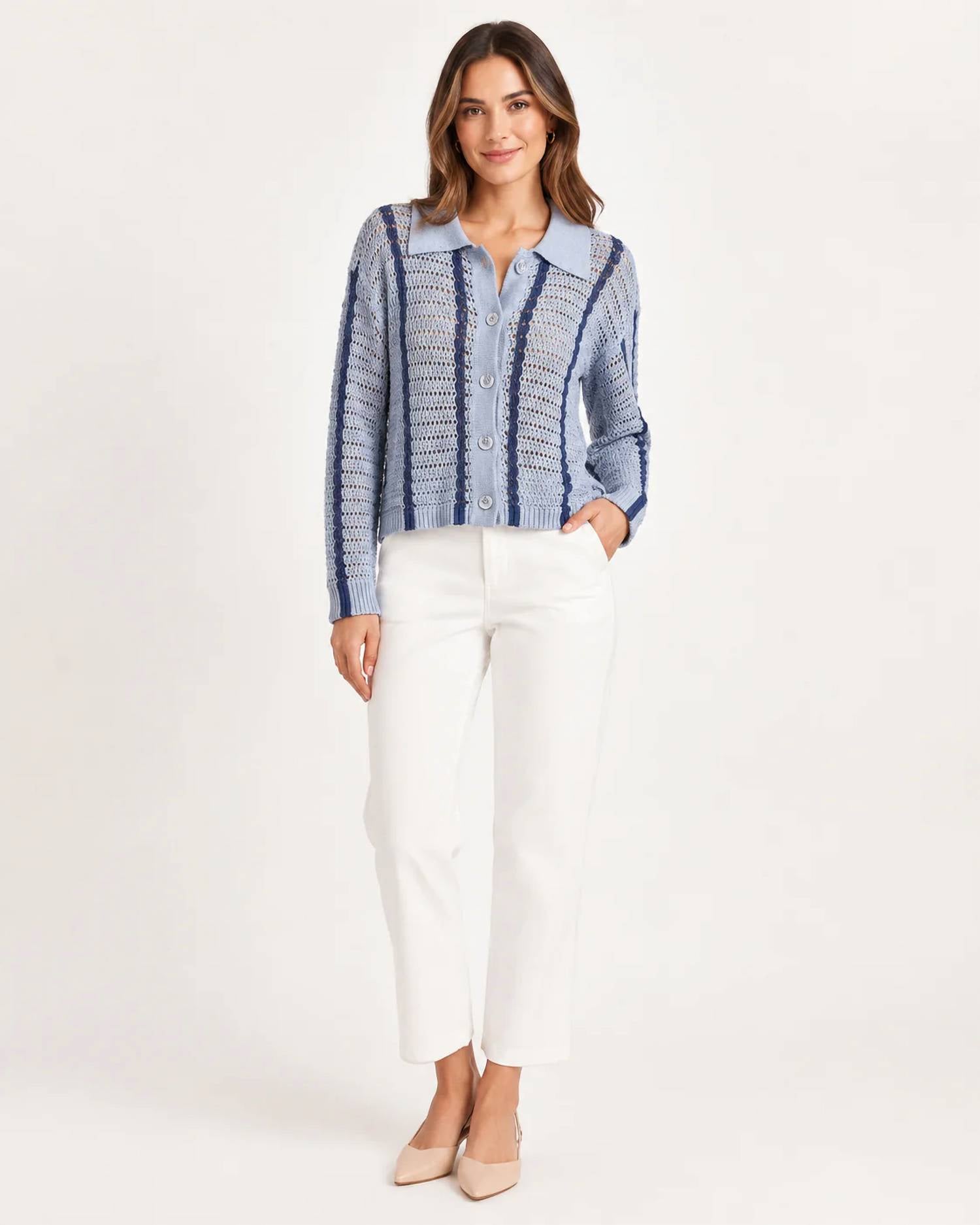Elan - Striped Light Blue Button-down Knit Sweater