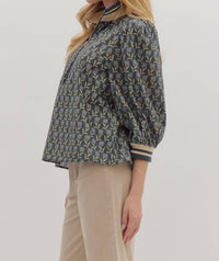 Entro - Puff Sleeve Ribbed Collar & Cuff Blouse