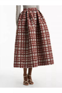 Oscar de la Renta Textured Plaid Printed Circle Skirt in burgundy - women's skirt