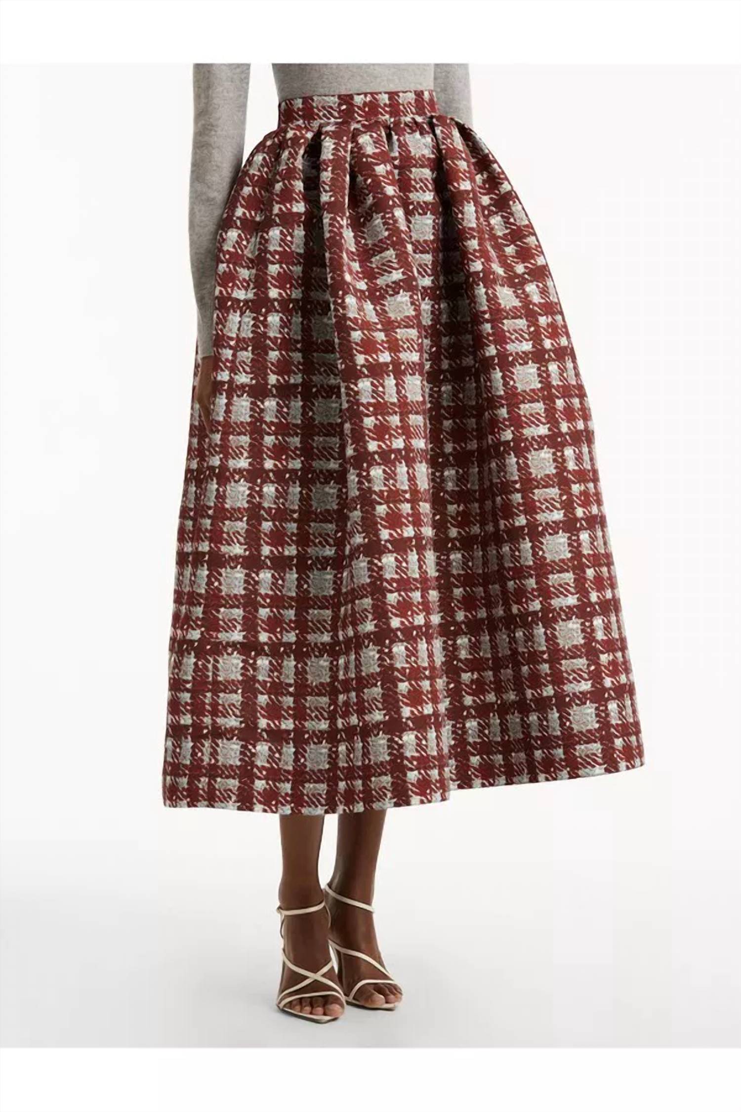 Oscar de la Renta Textured Plaid Printed Circle Skirt in burgundy - women's skirt