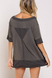 POL Crusin' Rib Trimmed Top in stone charcoal - women's dress - detail view