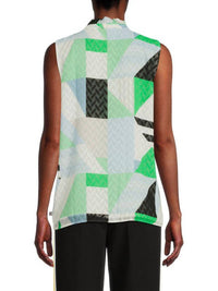 KARL LAGERFELD Textured Geometric Pattern Technical Tie-neck Sleeveless Blouse in soft white multi - women's tank top - detail view