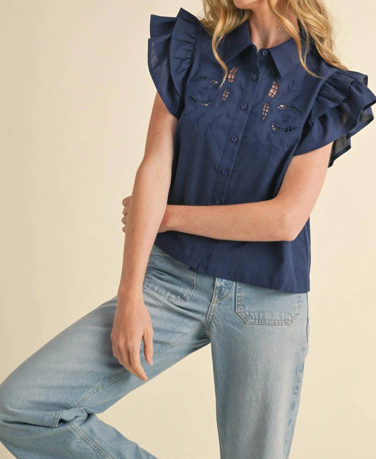 Merci - Embroidered Cut Out Button Down Top