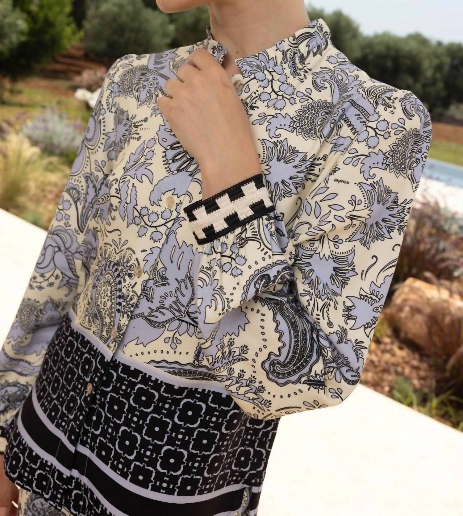 Imprevu - Women's Floral Border Print Button Down Blouse