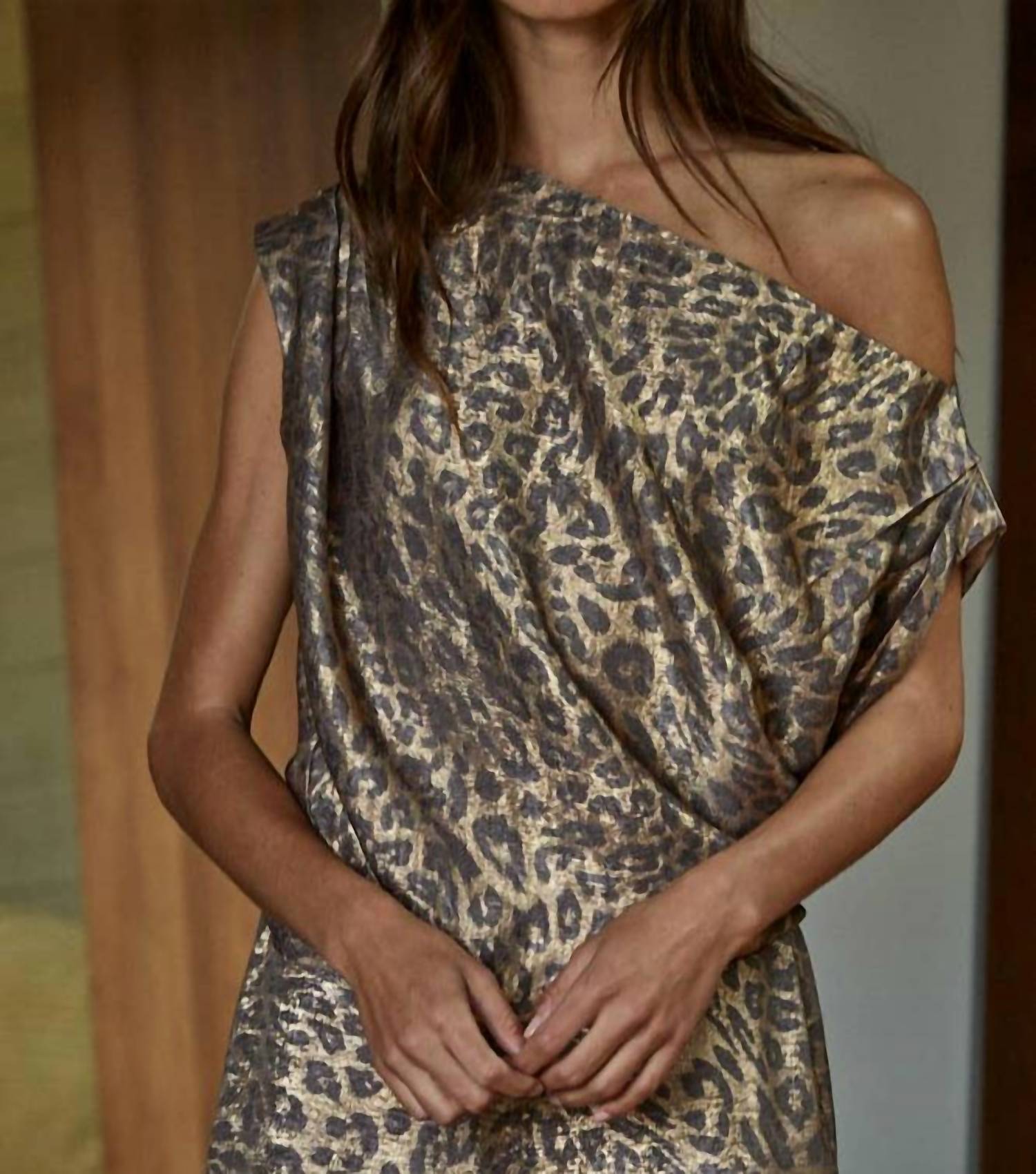 By Together - Woven Satin Animal Print Off The Shoulder Top