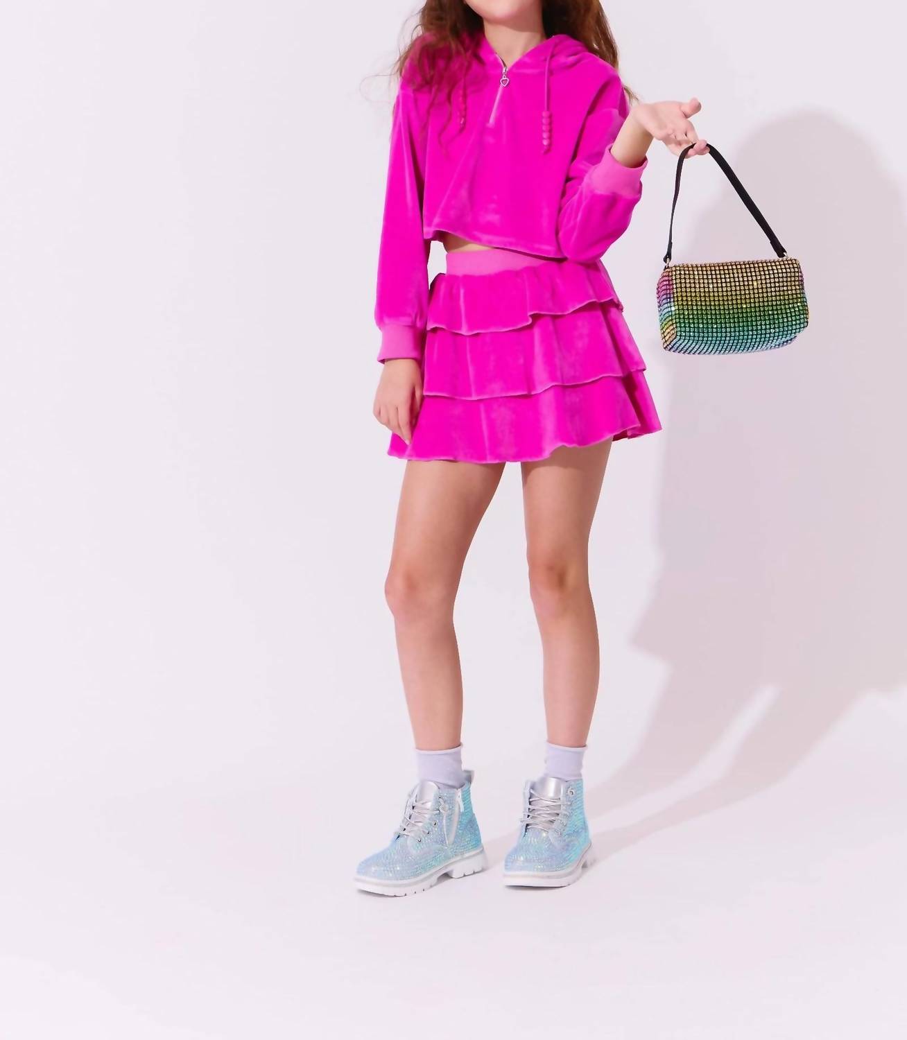 Lola + The Boys - Happy Velour Cropped Hoodie And Skirt Set