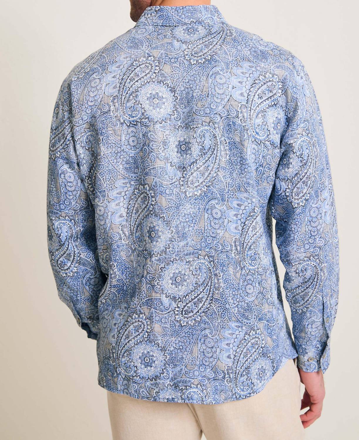 TOMMY BAHAMA Medallion Paisley Print Button-up Shirt in bering blue - men's shirt - detail view