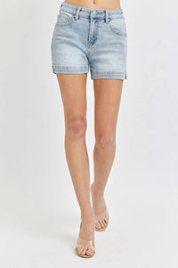 RISEN High Rise Side Slit Denim Shorts in light wash - women's shorts