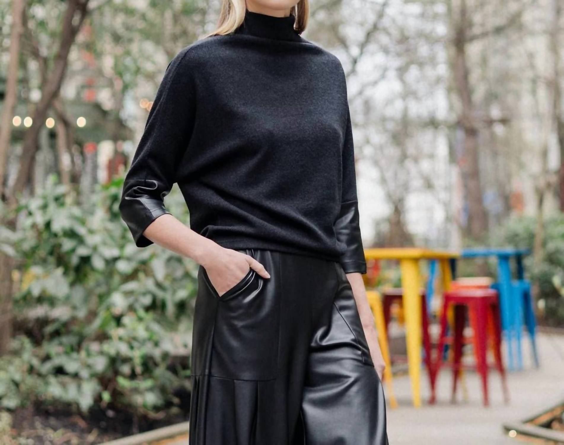 Clara Sunwoo - Plush Ribbed Liquid Leather Cuff Sweater Top