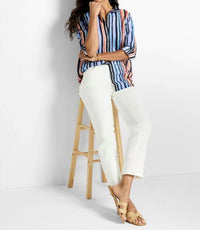 Nic + Zoe Painted Peninsula stripe blouse in blue multi - women's blouse - detail view