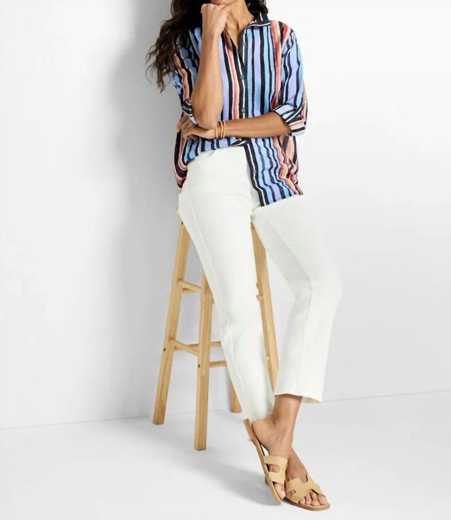 Nic + Zoe Painted Peninsula stripe blouse in blue multi - women's blouse - detail view