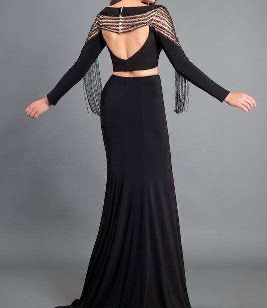 Rachel Allan - Two-piece Jersey Evening Gown With Fringe