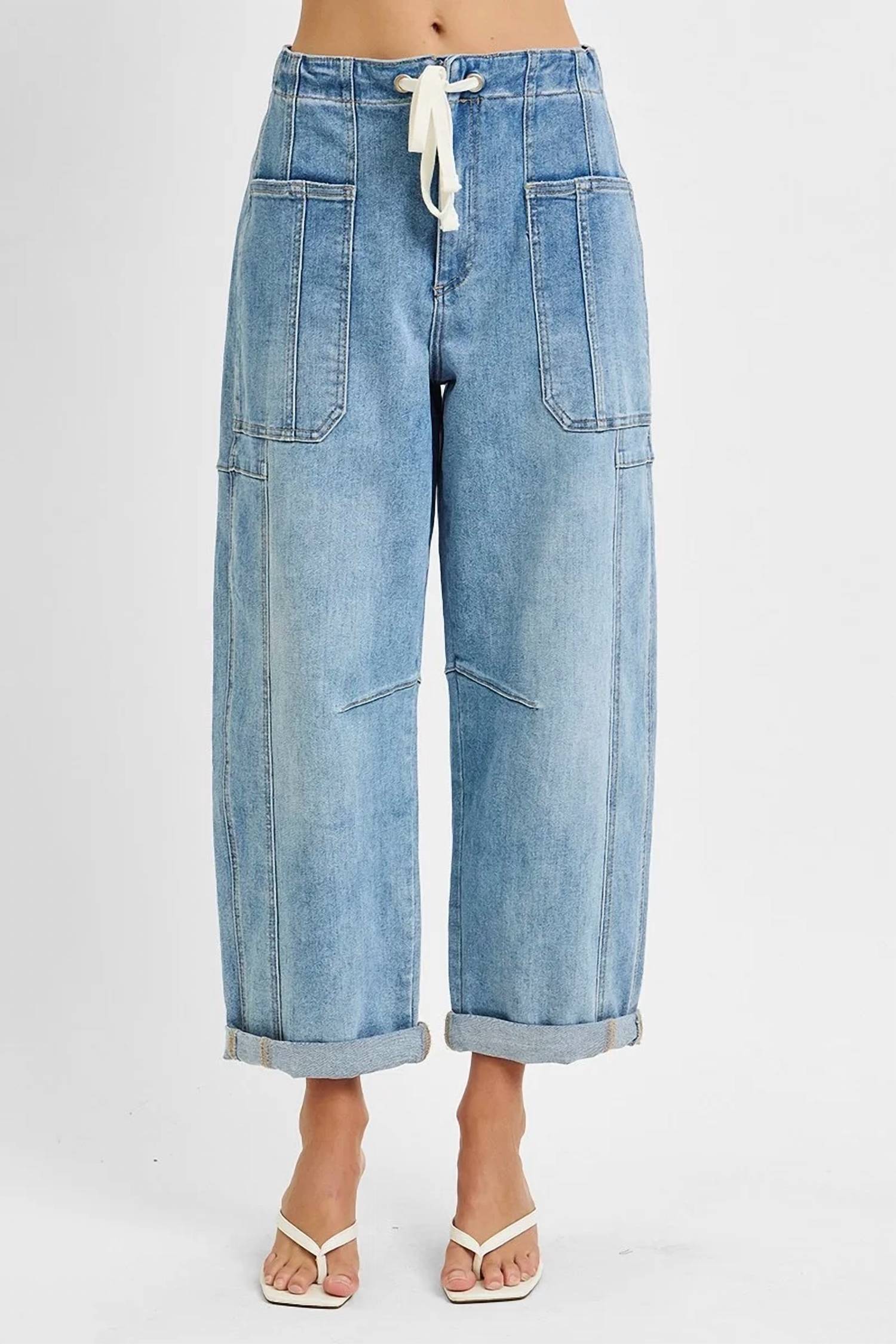 Skies Are Blue - High Rise Crop Wide Barrel Cargo Pocket Cuffed Pants