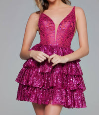 Jovani - Sequin Ruffled Mini Dress