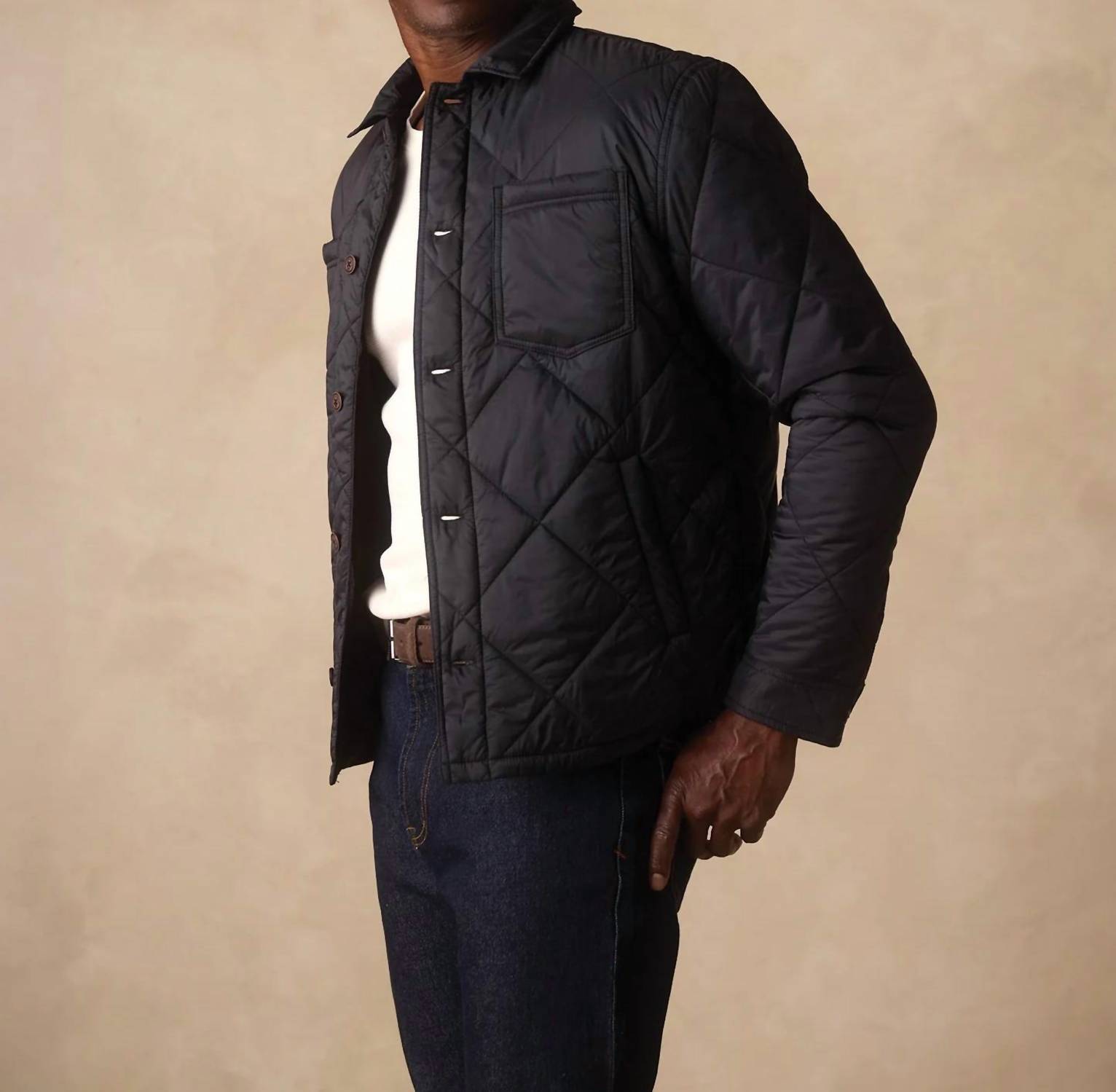 The Normal Brand Only Quilted Puffer Jacket in black - men's jacket - detail view