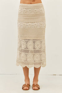 Idem Ditto - Floral Sheer Crochet Top And Skirt Set With Scallop Hem