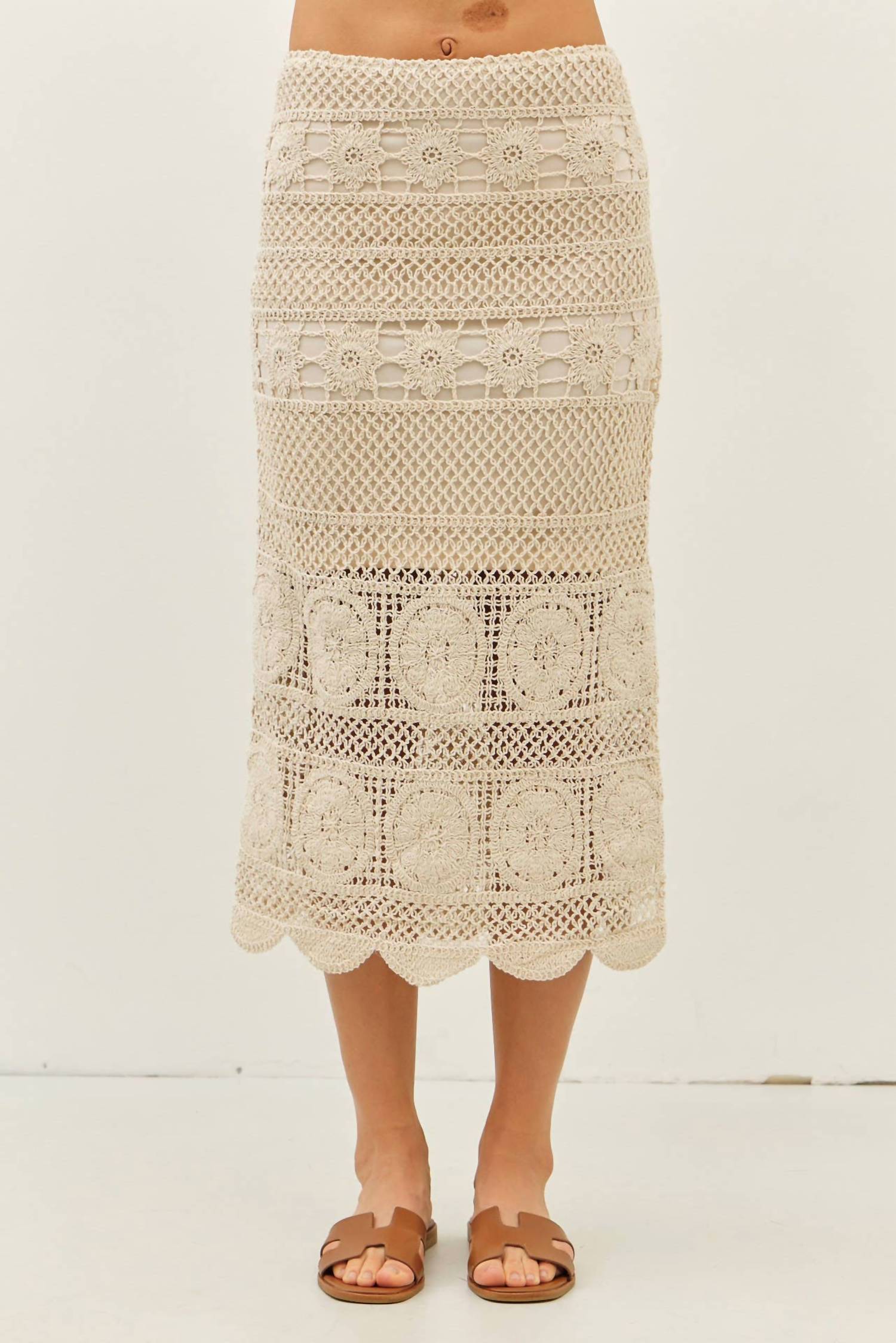 Idem Ditto - Floral Sheer Crochet Top And Skirt Set With Scallop Hem