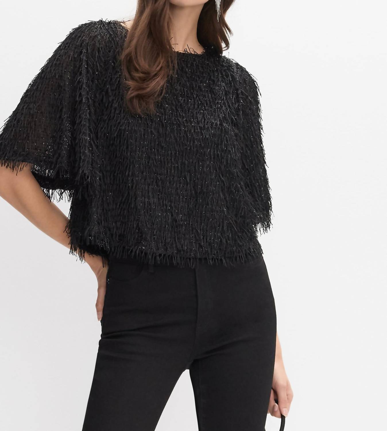 Joseph Ribkoff Fringe Blouse in black - women's blouse - detail view