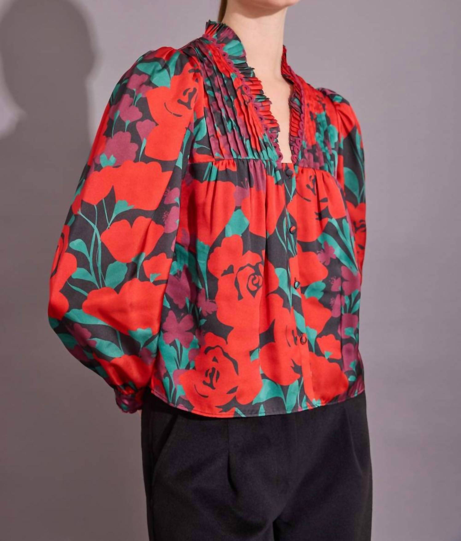 Alden Adair Oliver Long Sleeve Top in legacy floral leaf - women's blouse - detail view