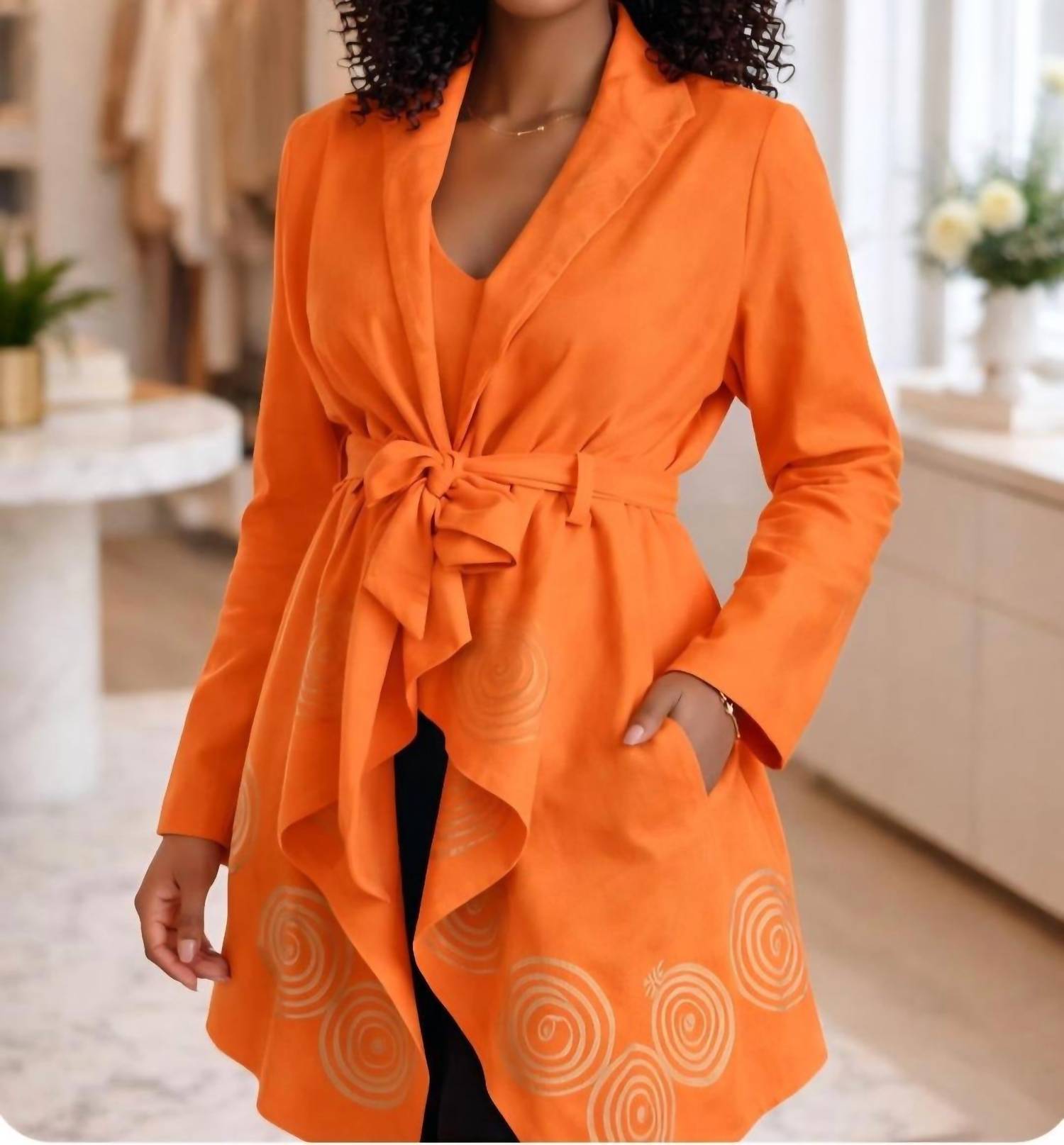 Step in Style Artisan Spiral Belted Statement Jacket in style artisan spiral belted statement jacket in orange gold - women's jacket