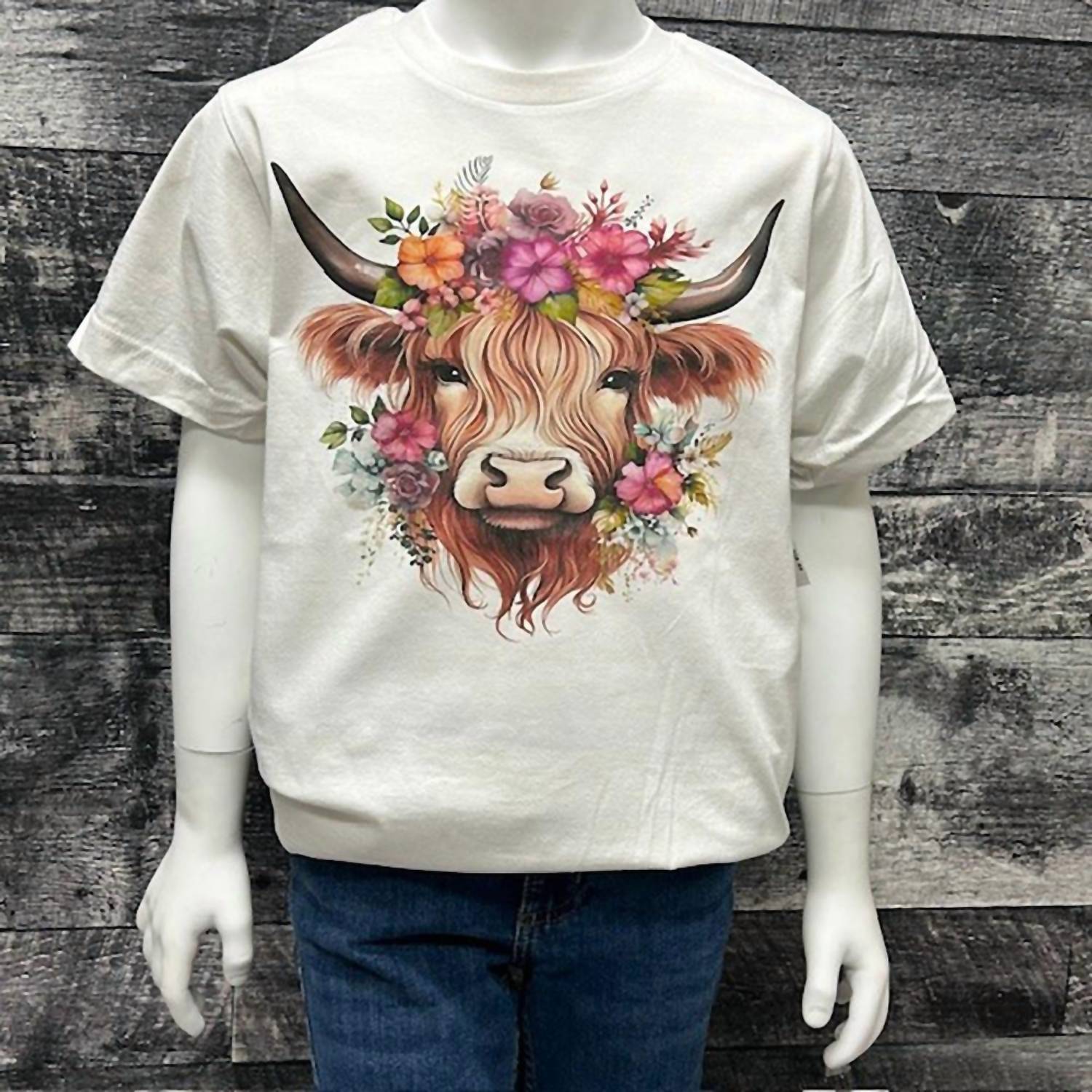 BRATTI MATI Kids Highland Cow With Flowers Shirt in heather oatmeal - kids' t-shirt