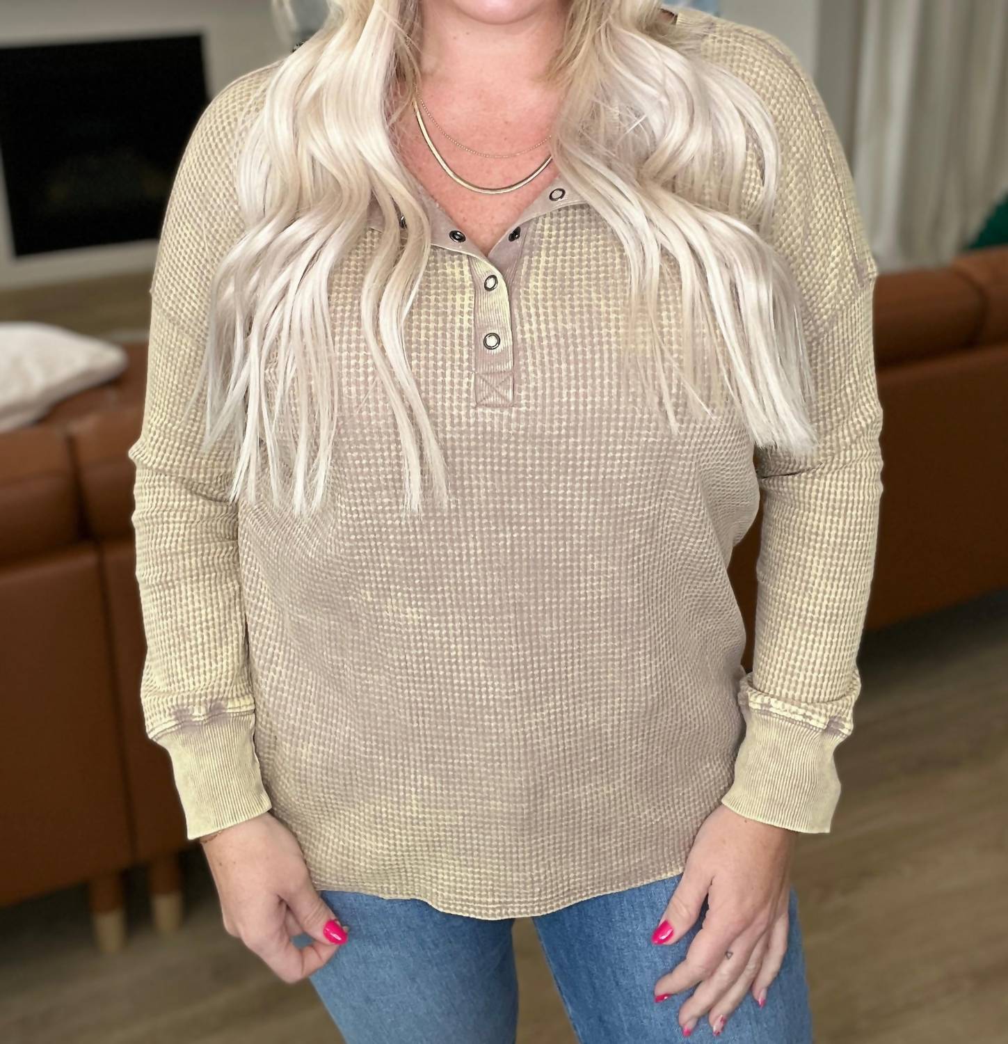 Zenana - Mineral Wash Waffle Henley Top