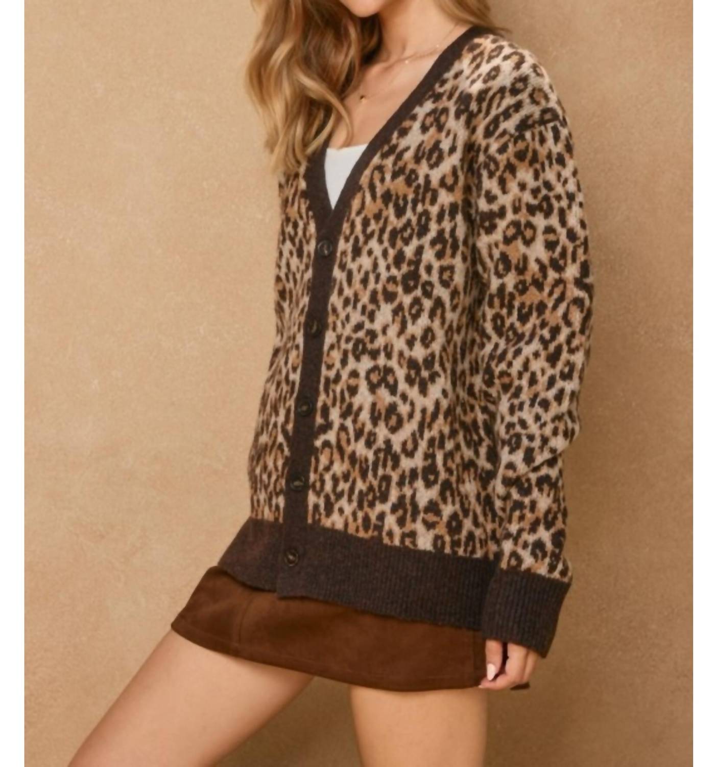 DRESS FORUM Wild Ambition Button Down Cardigan Top in leopard espresso - women's cardigan - detail view