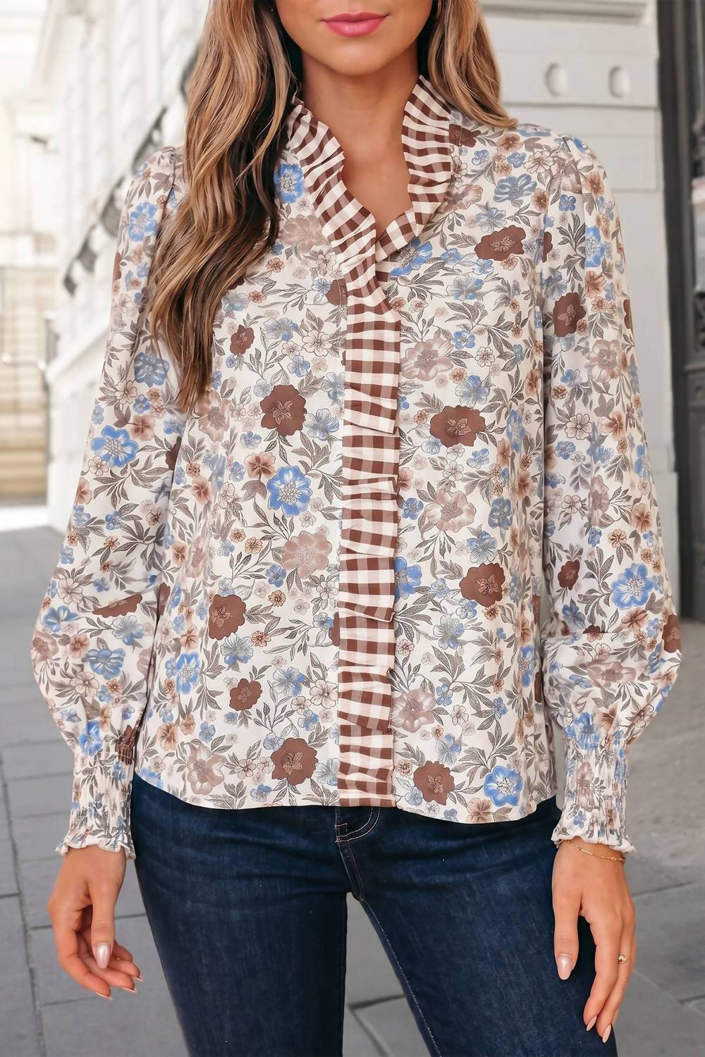 Aapparella - Plaid Frill Trim Blouse
