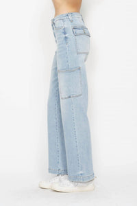 Judy Blue High Waist Cargo Wide Leg Denim Jeans in light blue - women's jeans - detail view