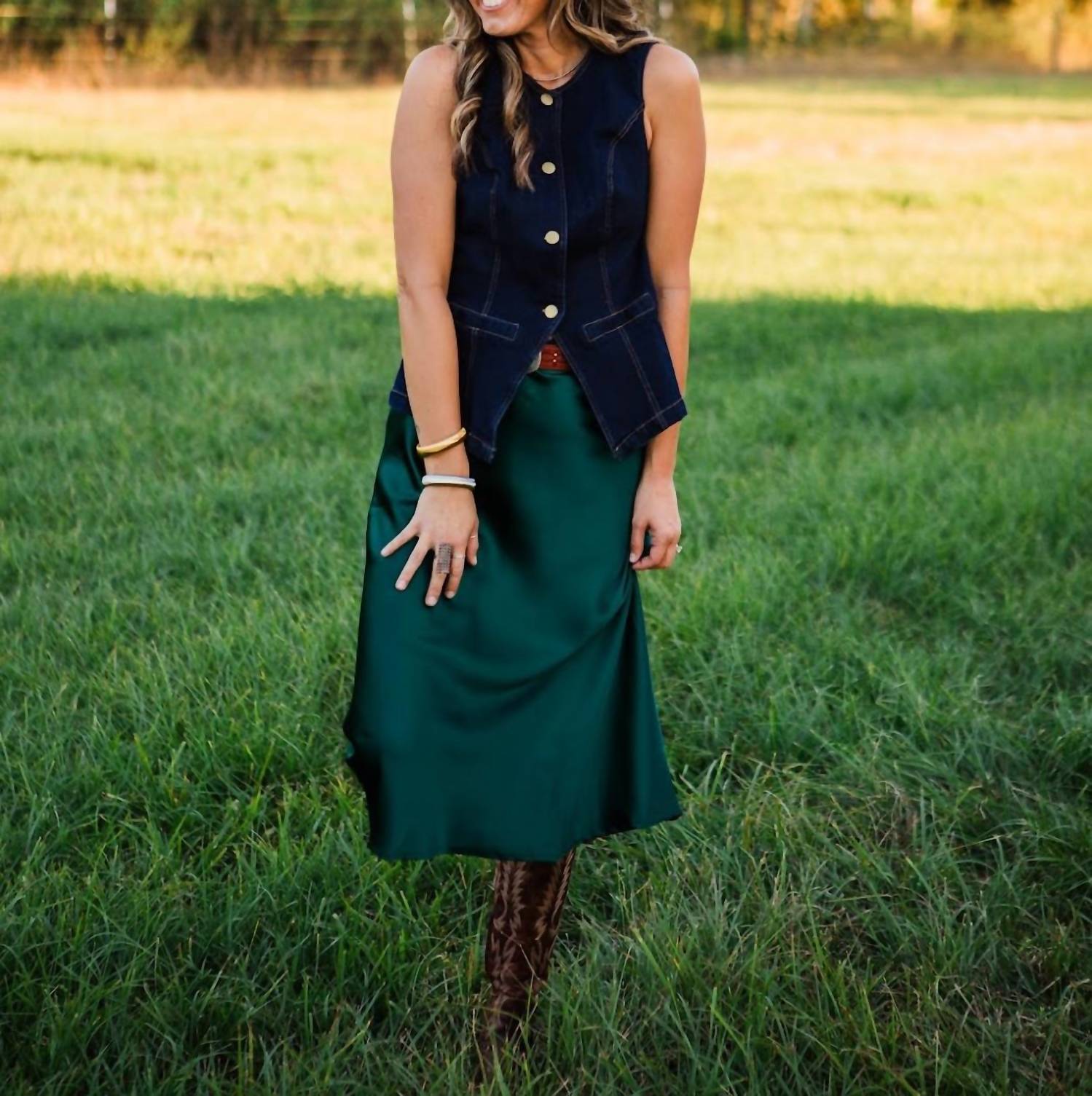 SHE + SKY Carson Midi Skirt in green - women's skirt - detail view