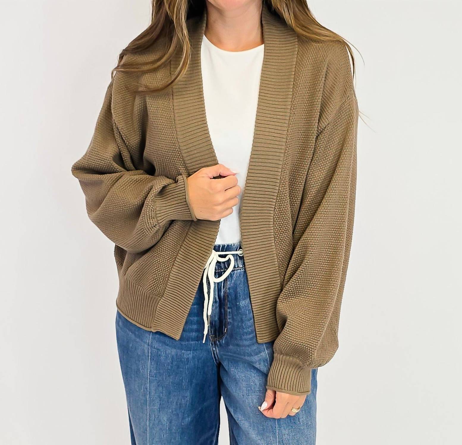 ee:some Bubble Sleeve Open Front Cardigan in mocha - women's cardigan