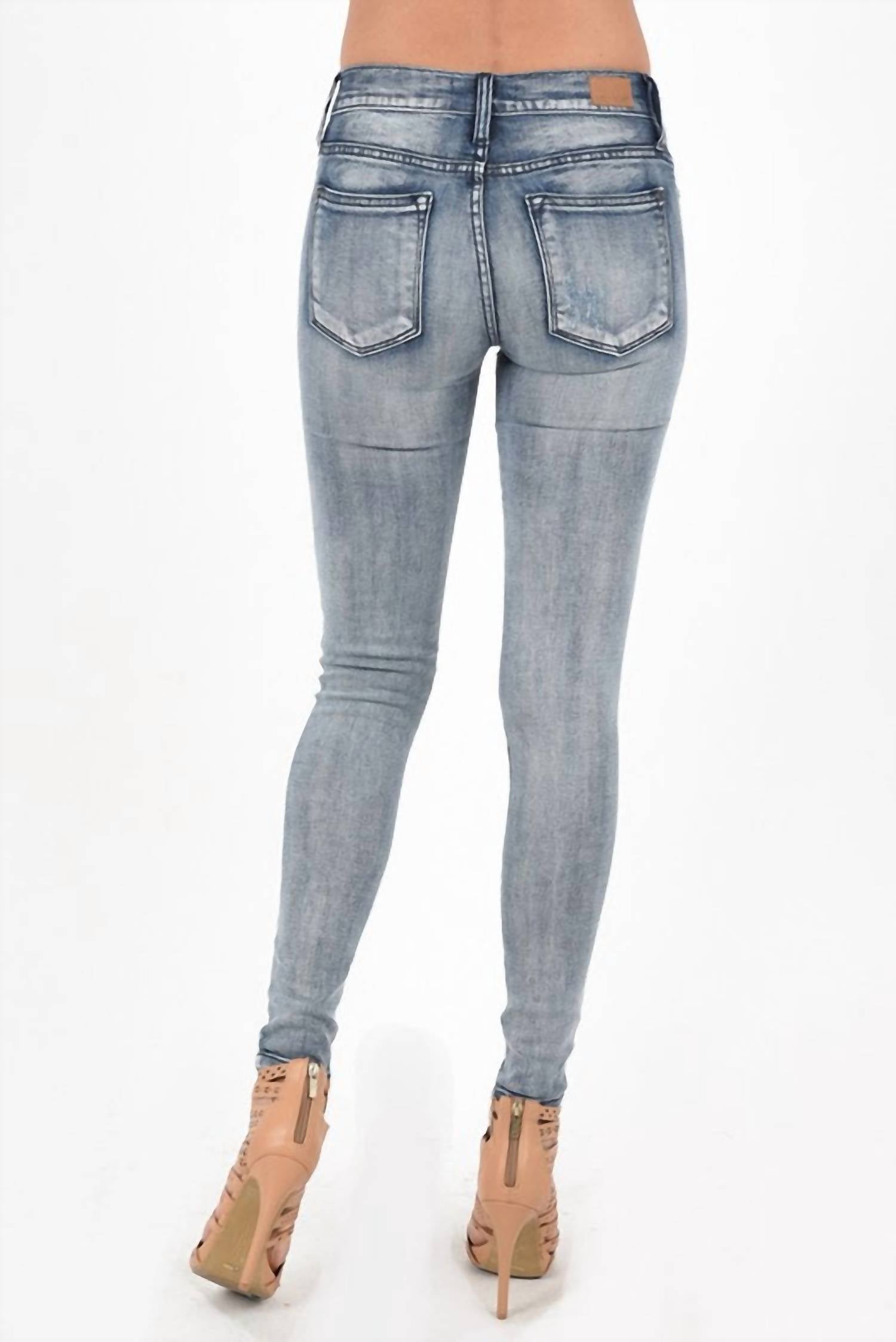 Judy Blue Booytfull Wash Out Destroyed Skinny Jeans - Plus in blue - women's jeans - detail view