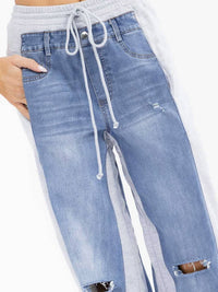 Surelymine - Colorblock Denim And Sweatpant Hybrid Wide-leg Pants