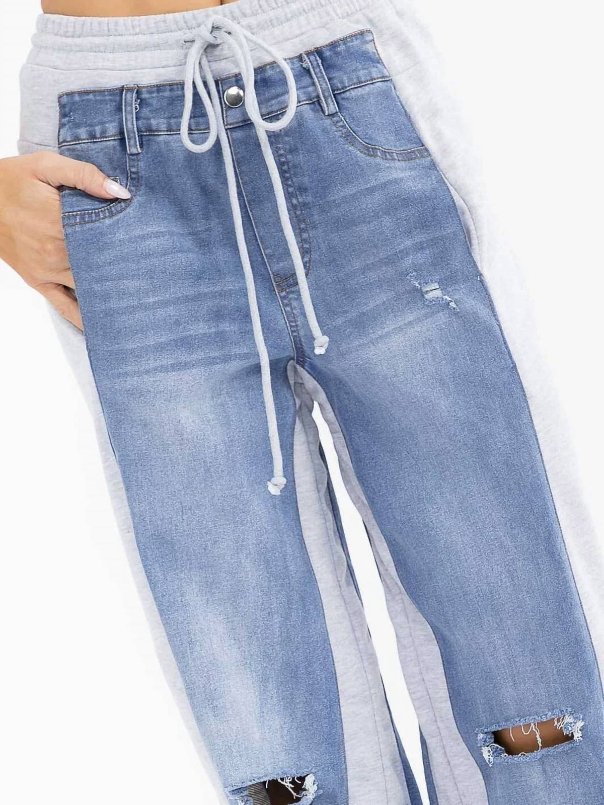 Surelymine - Colorblock Denim And Sweatpant Hybrid Wide-leg Pants