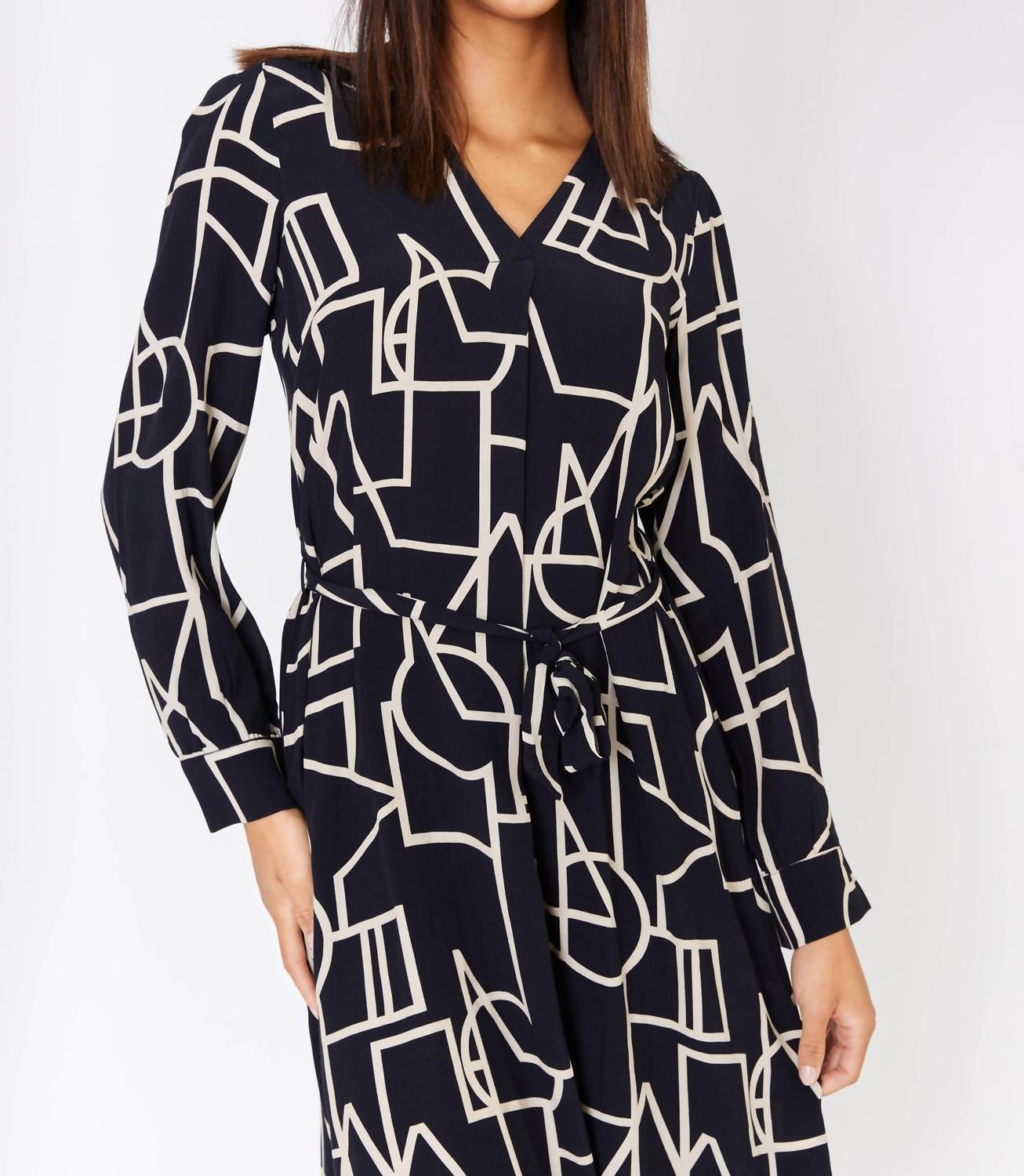DOLCEZZA V-neck Long-sleeved Knit Dress in black beige - women's dress - alternate view