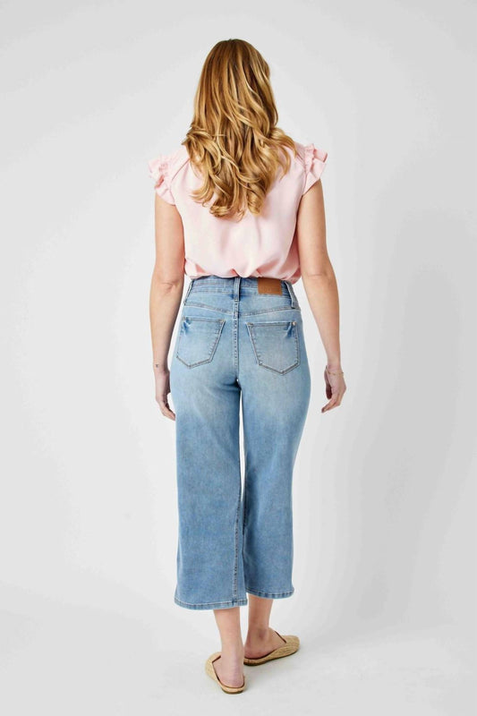 Judy Blue - High Waist Double Button Waistband Wide Leg Crop Jeans
