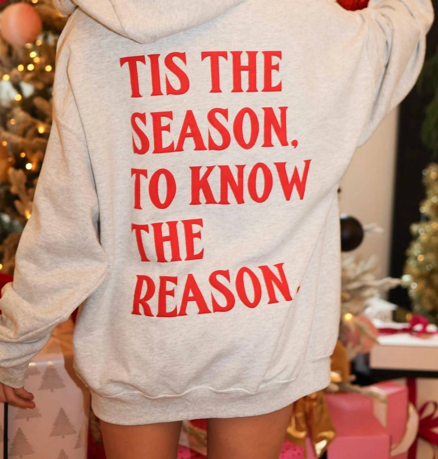 Distressed Vintage Couture Tis The Season To Know The Reason Hoodie in gray red - women's top - detail view