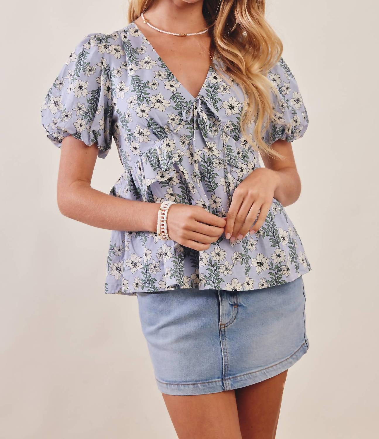 Listicle - Floral Puff Sleeve Lined Blouse