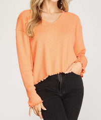 She + Sky - Long Sleeve Rib Knit Lettuce Hem V-neck Top