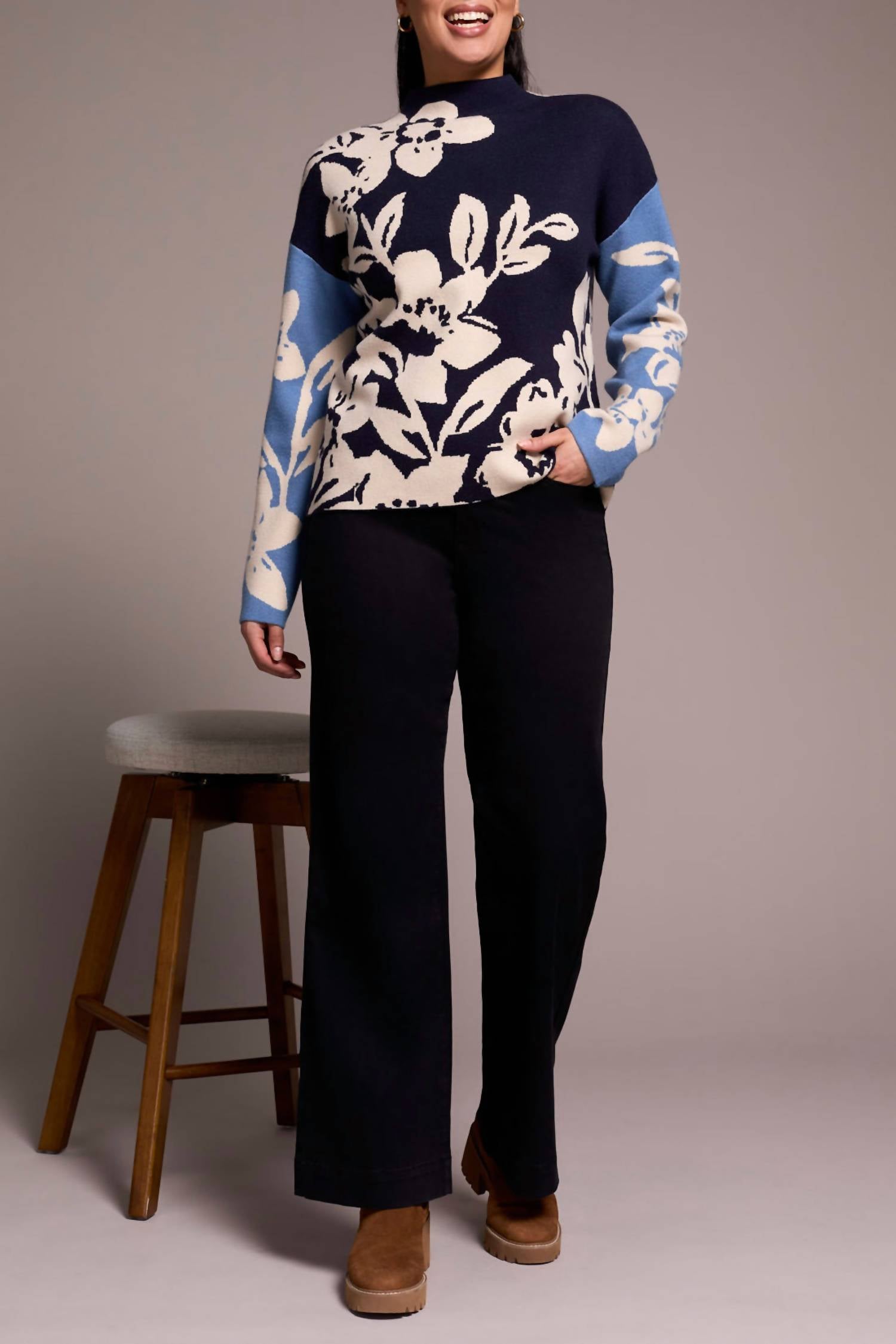 Tribal - Knit Jacquard Funnel Neck Sweater