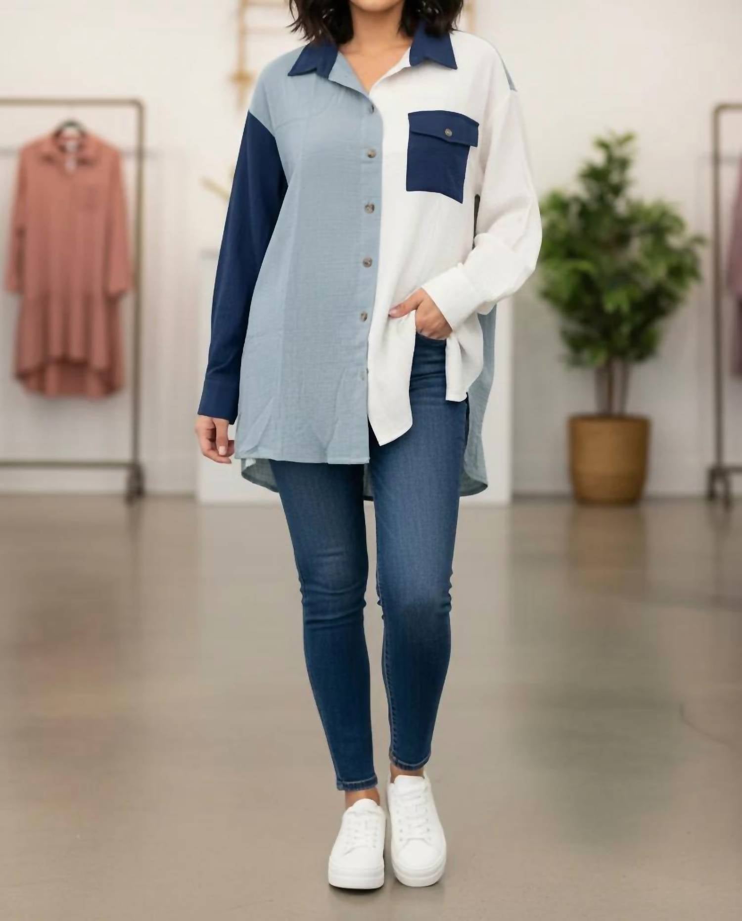 She + Sky - Women's Long Sleeve Gauze Color Block Shirt Top - Plus