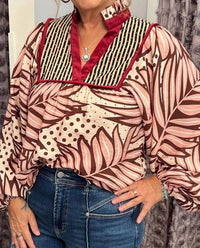 THML Print Detail Long Sleeve Top in multi - women's long sleeve top - detail view