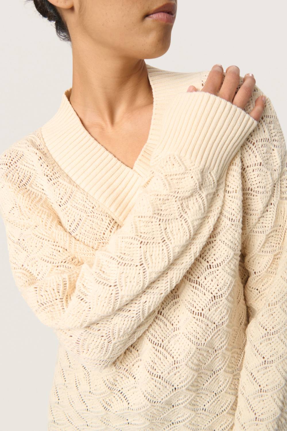 Soaked In Luxury - Musling V-neck Pointelle Knit Pullover Sweater