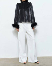 Skies Are Blue - Delphine Metallic Shimmer Bow Tie Feather Hem Blouse Top