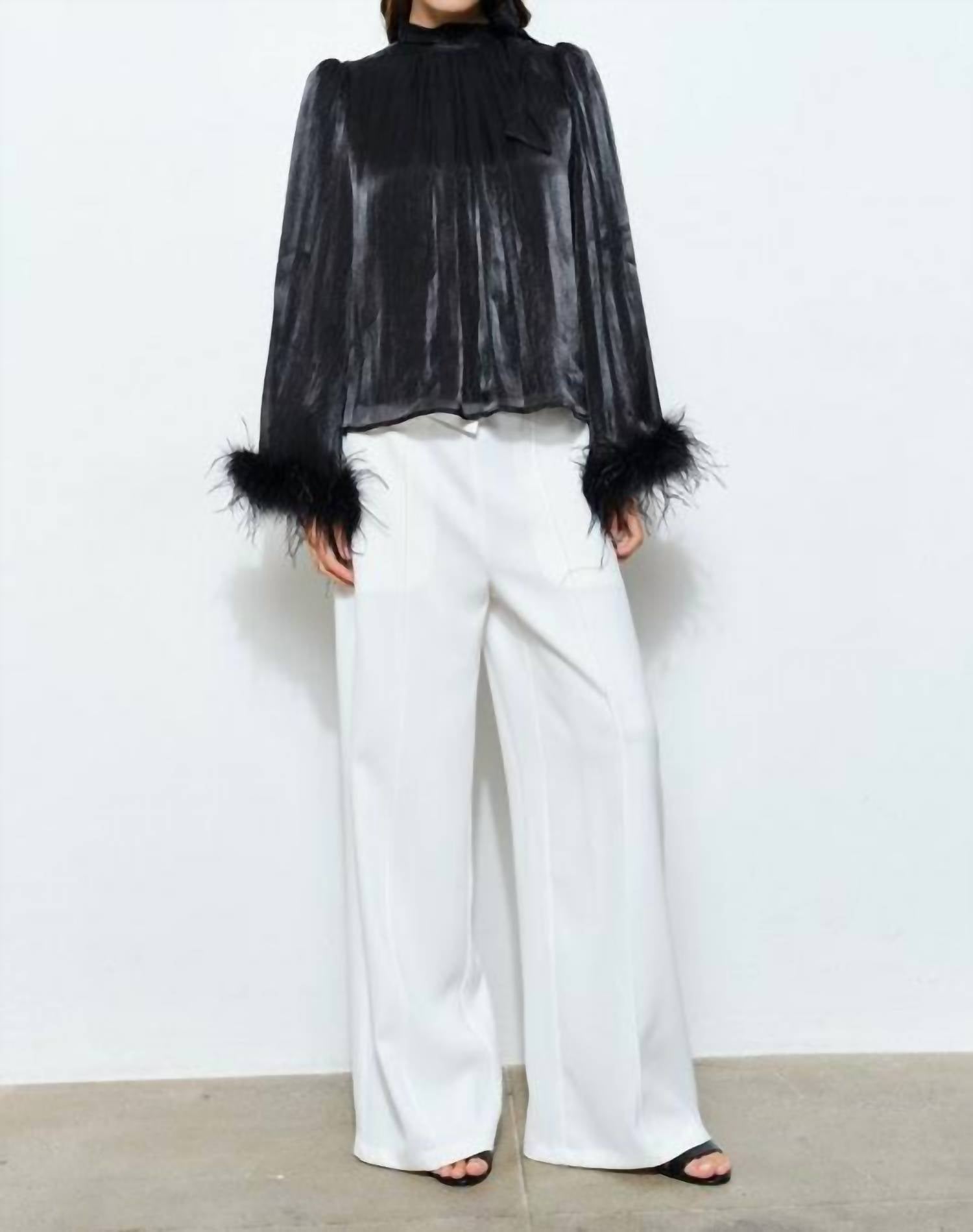 Skies Are Blue - Delphine Metallic Shimmer Bow Tie Feather Hem Blouse Top