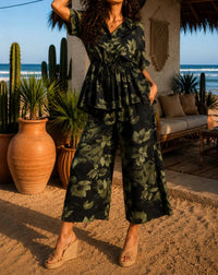 Little Secret Of Mine - Short Sleeve Blouse & Elastic Waist Pockets Pants 2-piece Set