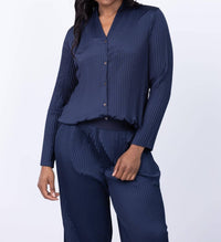 Nic + Zoe Crinkle Crepe Shirt Top in dark indigo - women's long sleeve top
